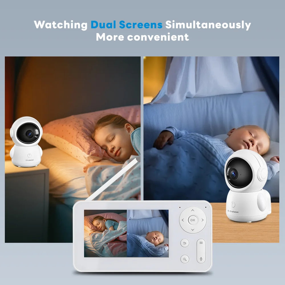 A dual-screen baby monitor displays two sleeping children, each monitored by a separate camera. Text above reads, "Watching Dual Screens Simultaneously More convenient."
