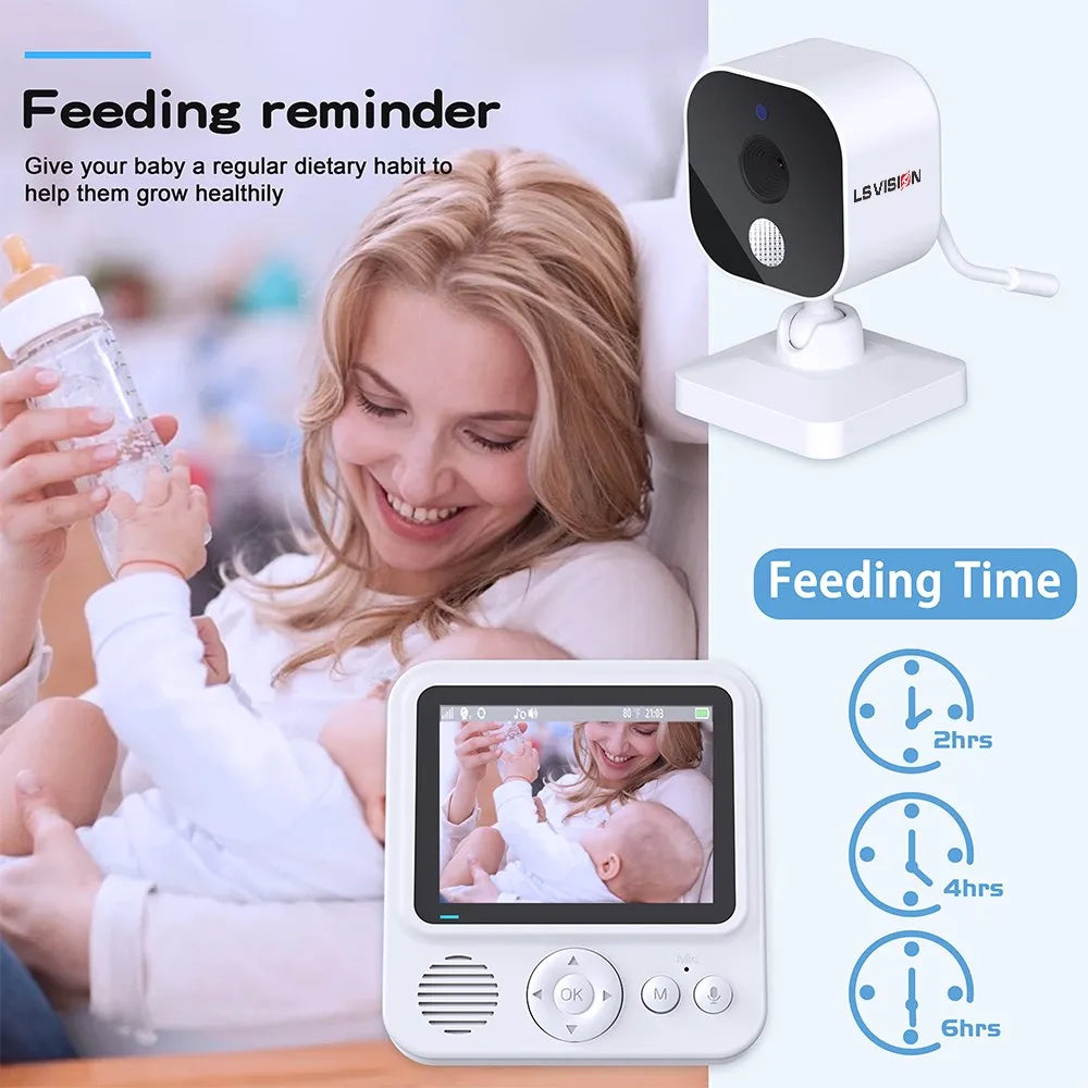 A mother bottle-feeds her baby while smiling. Next to them is a baby monitor and camera. Text indicates feeding reminders every 2, 4, and 6 hours for a healthy routine.