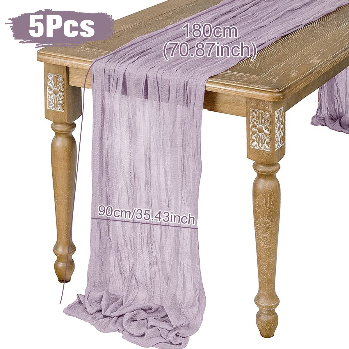 Lilac table runner on a wooden table with floral carvings. Measuring 180cm by 90cm (70.87 by 35.43 inches). Pack of 5 pieces.