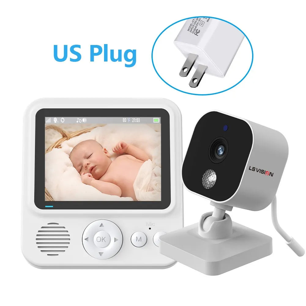 Baby monitor system with a camera and display unit showing a sleeping baby. The device includes a US plug adapter, buttons, and a speaker for remote monitoring.