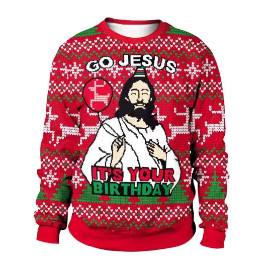 Red and green Christmas sweater with a Jesus motif, snowflakes, and reindeer. It reads, "Go Jesus, It's Your Birthday" with a festive design, blending humor and tradition.