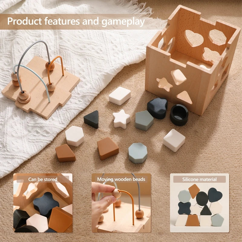 Wooden Activity Cube with Geometric Shapes