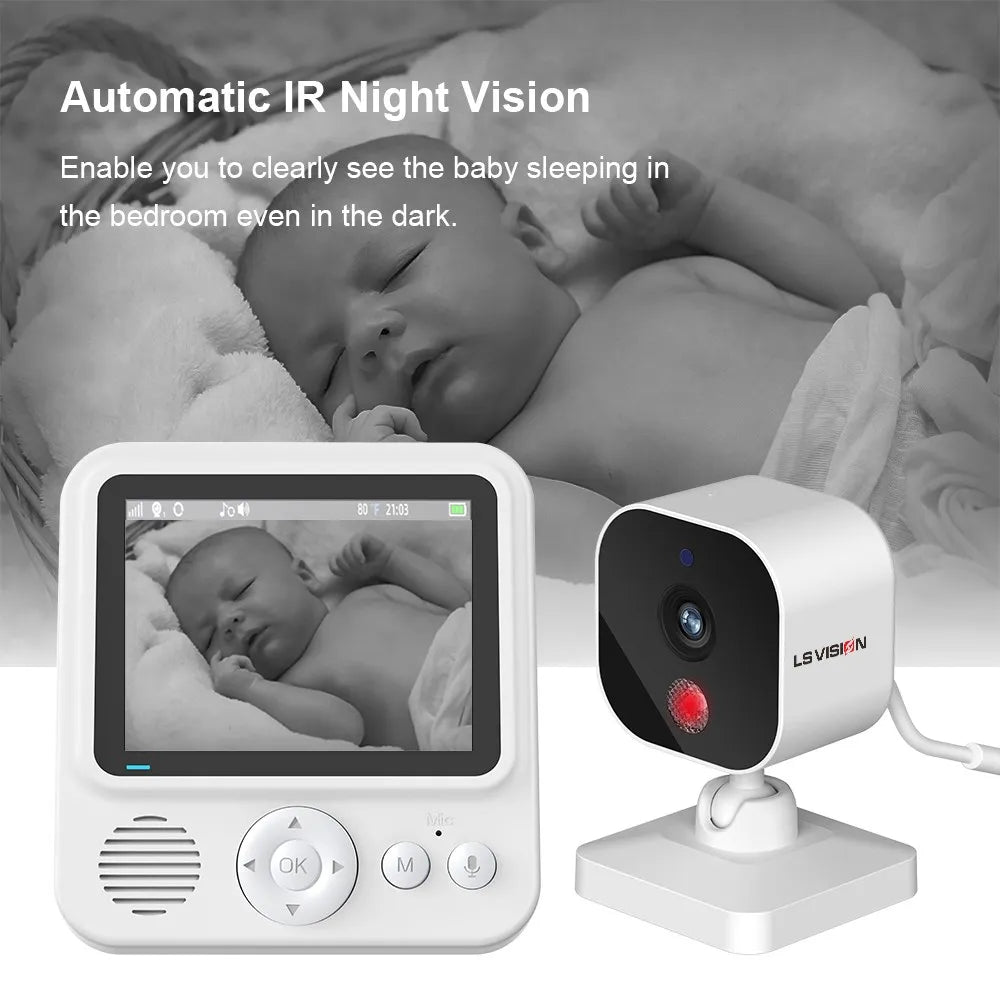 Baby monitor with IR night vision shows a sleeping baby on the screen. Text highlights ability to see clearly in darkness. LS Vision camera and white monitor displayed.