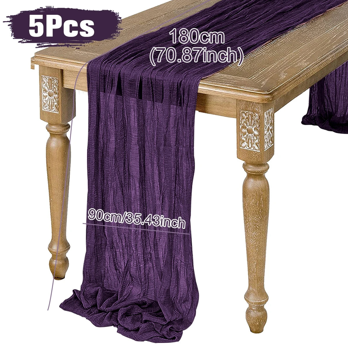 Five pieces of purple table runners drape over a wooden table. Dimensions shown are 180cm (70.87 inches) in length and 90cm (35.43 inches) in width.