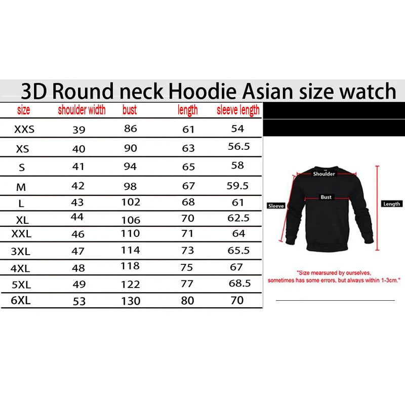 Asian size guide for 3D round neck hoodie with sizes XXS to 6XL. Measurements include shoulder width, bust, length, and sleeve length. Diagram shows measurement points.