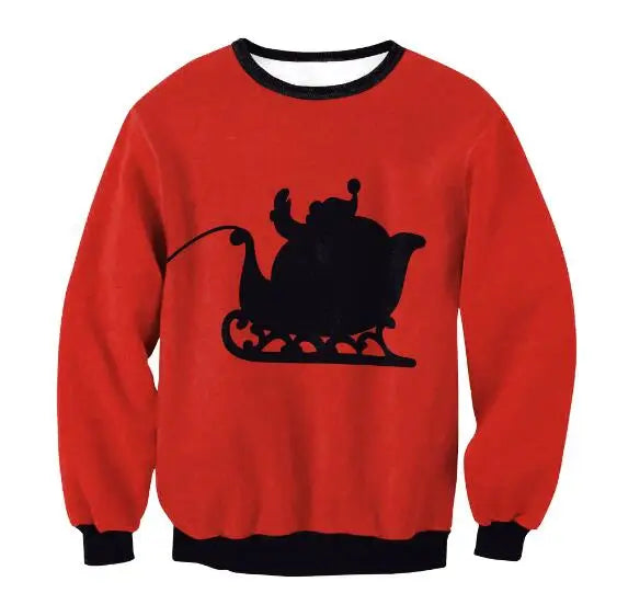 Red sweatshirt featuring a black silhouette of Santa in a sleigh. The design includes black cuffs and collar, creating a festive holiday look.