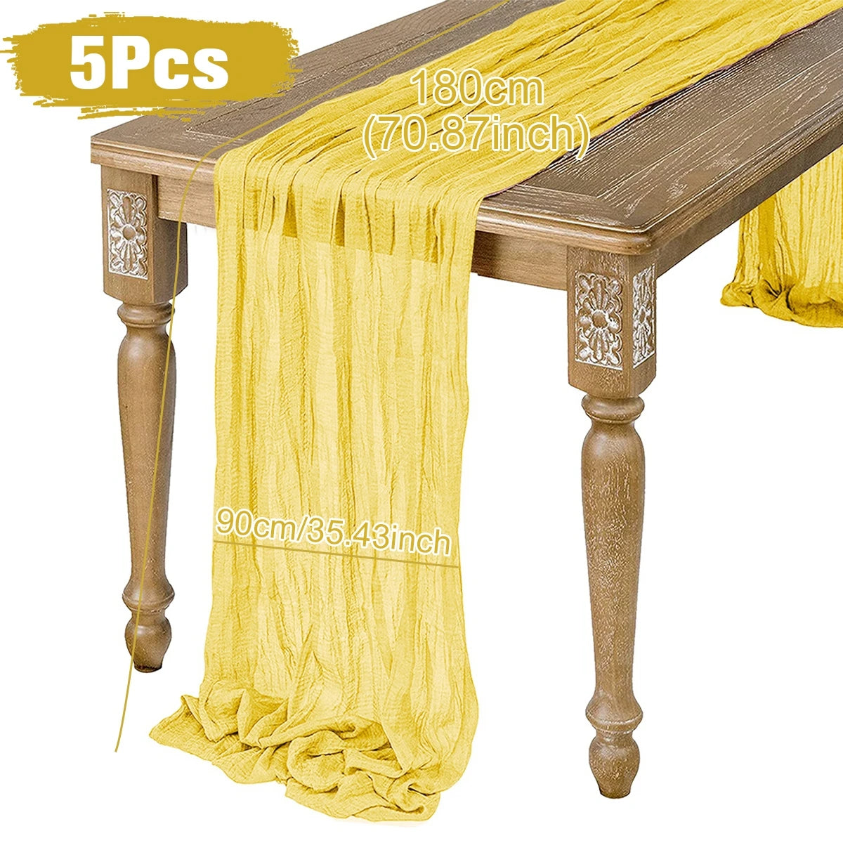 Yellow cheesecloth table runner, 180cm long and 90cm wide, draped over a wooden table with decorative floral carvings on the legs. Text shows "5Pcs."