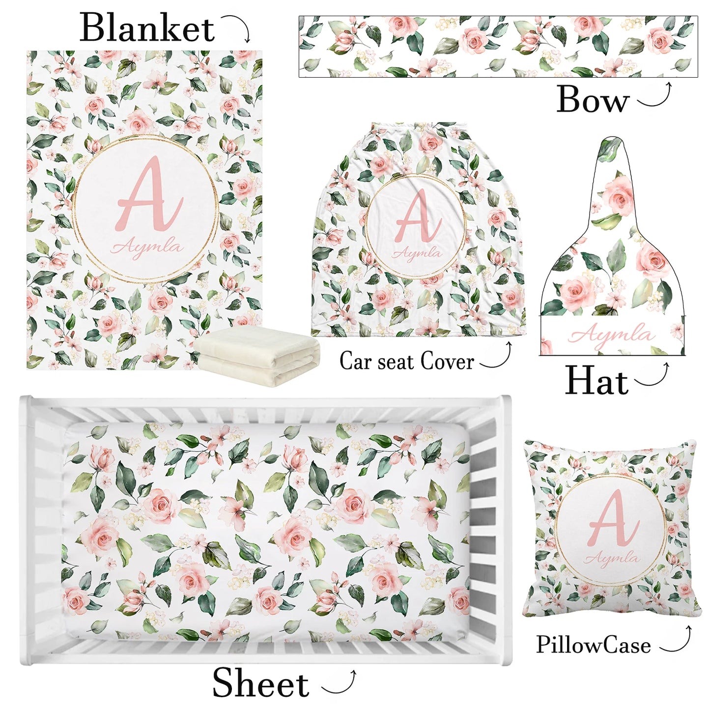 Personalized Pink Rose Nursery Baby Bedding Set