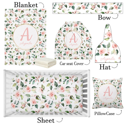 Personalized Pink Rose Nursery Baby Bedding Set