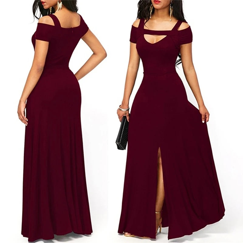 Hot Women's Wine Red Maxi Dress - Summer Party Costume