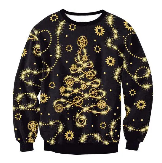 Black sweater with golden, swirling Christmas tree design, surrounded by stars and spirals. Festive pattern resembles holiday lights glowing brightly.