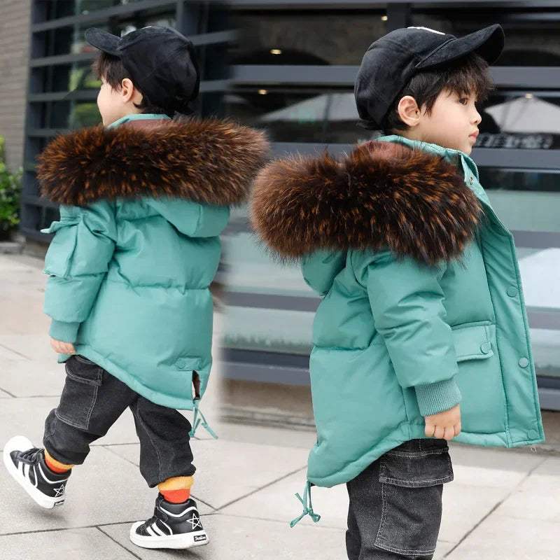 Winter Kids Down Jacket with Big Fur Collar