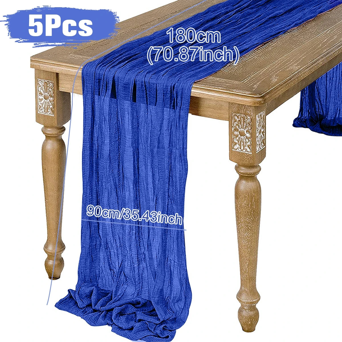 Set of 5 blue, crinkled table runners, each measuring 180cm by 90cm, draped over a wooden table with ornately carved legs.