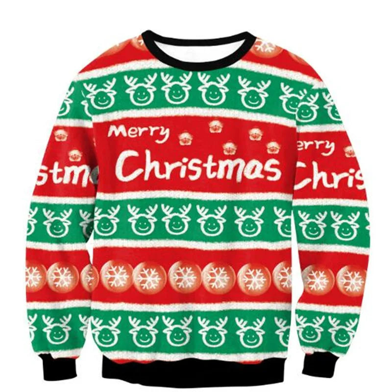 A festive Christmas sweater with "Merry Christmas" text, reindeer faces, Santa hats, snowflakes, and a red and green pattern, featuring black cuffs and collar.