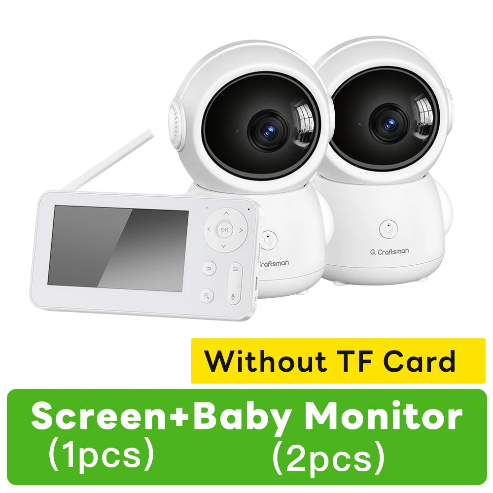 Two white baby monitors with large lenses, accompanied by a handheld screen device. Text reads "Without TF Card, Screen+Baby Monitor, 1pcs, 2pcs."