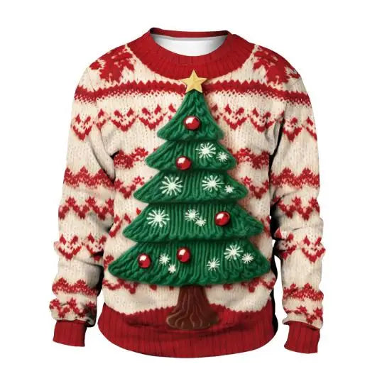 A cream and red holiday sweater featuring a large green Christmas tree with red ornaments, white snowflakes, and a yellow star. Red cuffs and neckline with a festive pattern.