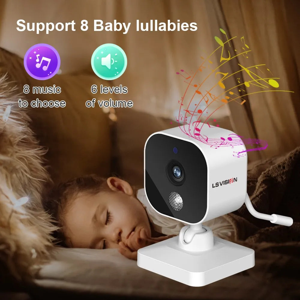 Baby monitor with musical notes, offering 8 lullabies and 6 volume levels. A sleeping child rests peacefully in the background, highlighting the calming effect.