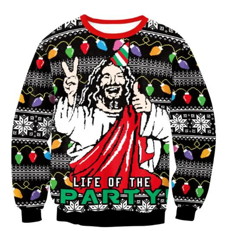 Festive sweater with a smiling figure giving peace signs and thumbs up, surrounded by colorful Christmas lights and snowflakes. Text reads "Life of the Party."