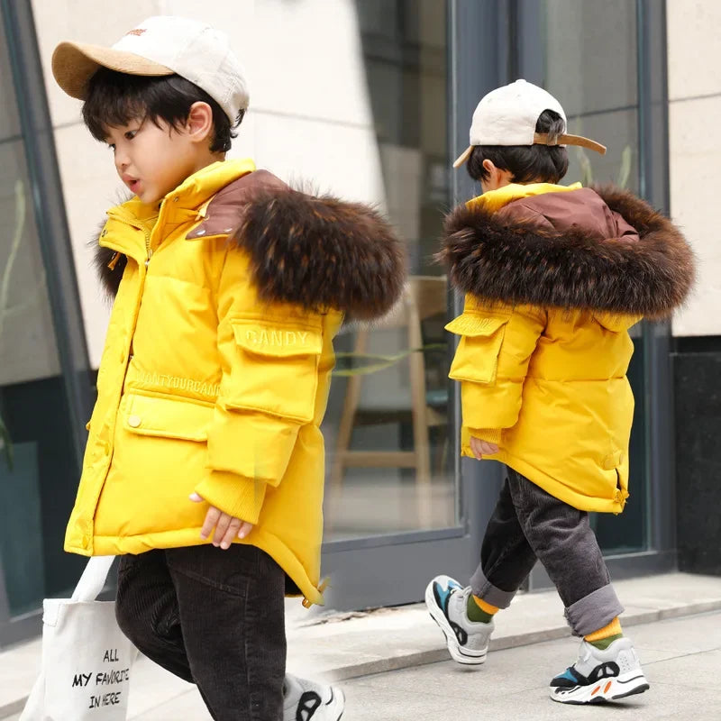 Winter Kids Down Jacket with Big Fur Collar