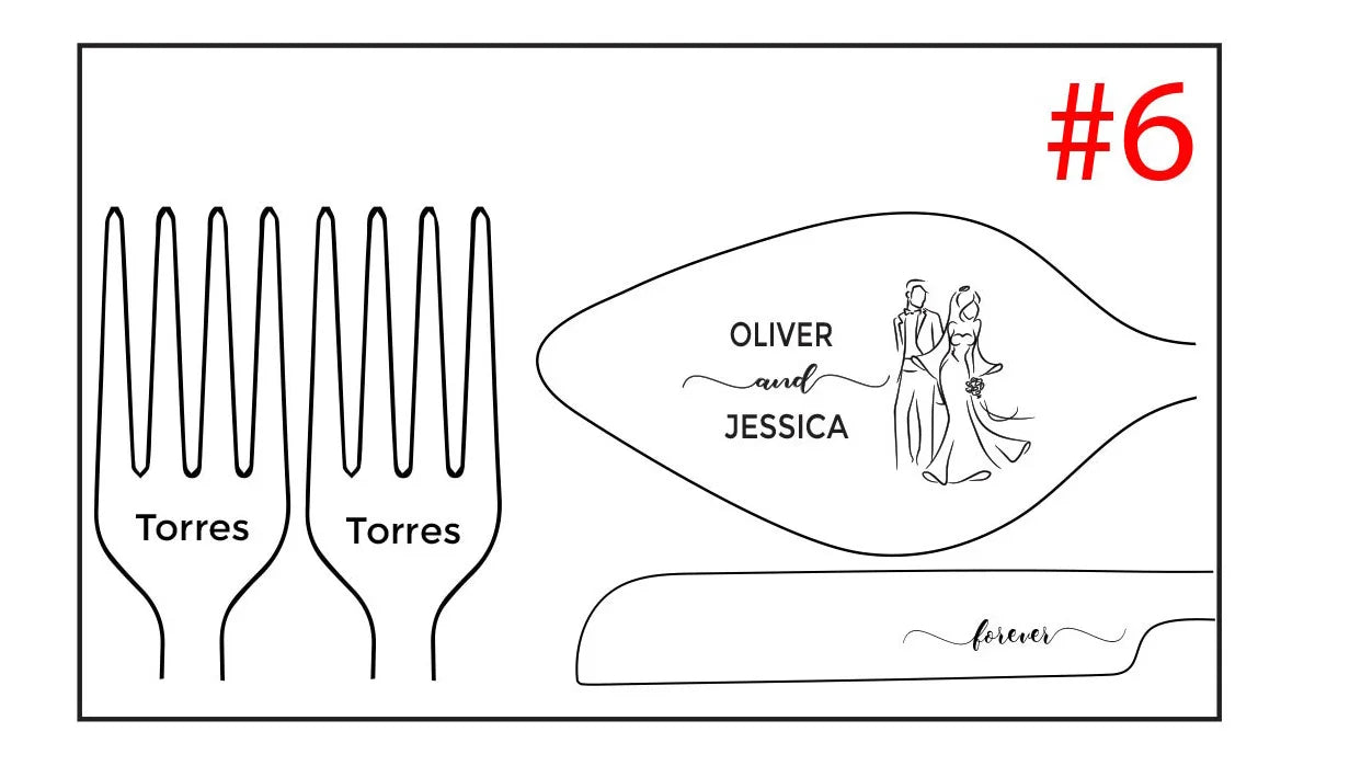 Illustration of three forks labeled "Torres," a spoon with "Oliver and Jessica" and a couple drawn on it, and a knife inscribed with "forever." Number 6 in red is in the corner.