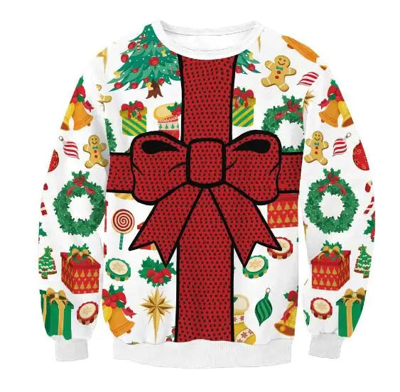 Festive Christmas sweater featuring a large red gift bow design, surrounded by holiday icons like wreaths, gingerbread men, candy canes, and gift boxes.