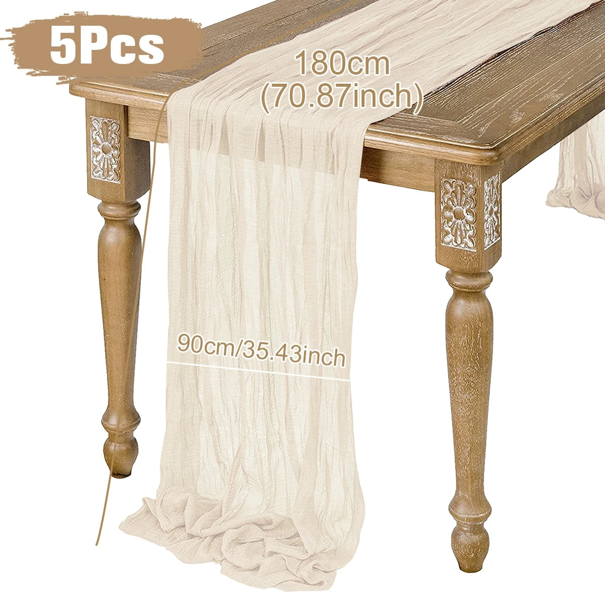 Beige table runner on a wooden table, measuring 180cm in length and 90cm in width. The table has carved floral details on the corners. Set includes 5 pieces.