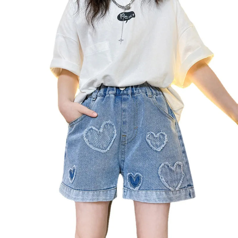 Girls Pearl Heart Denim Shorts