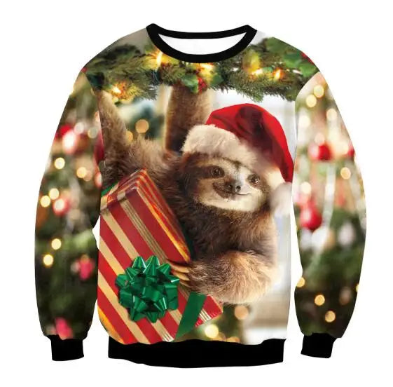Sweater with a festive design featuring a sloth wearing a Santa hat, holding a red and gold striped gift with a green bow. Background has Christmas lights and blurred trees.
