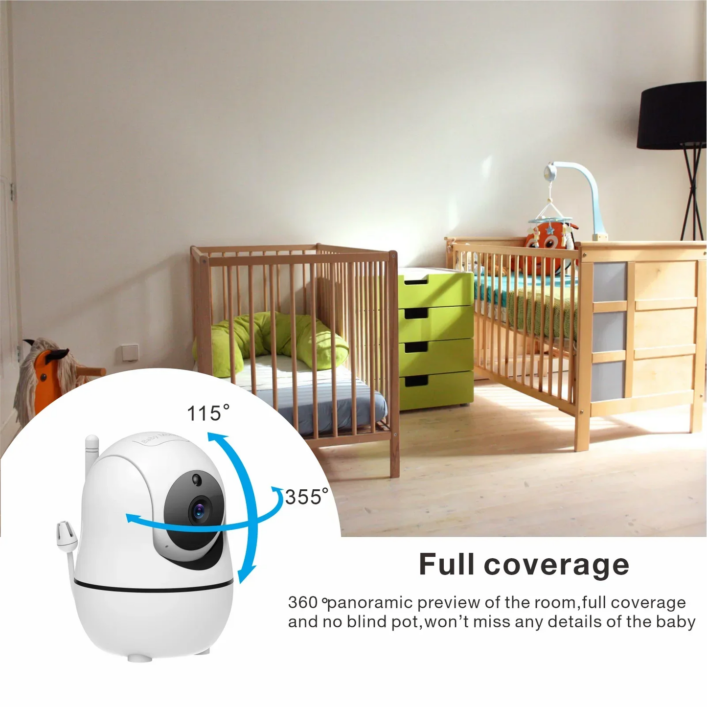 A nursery with two cribs, a green dresser, and a camera offering 360-degree coverage is shown. The text emphasizes full room visibility with no blind spots for baby monitoring.