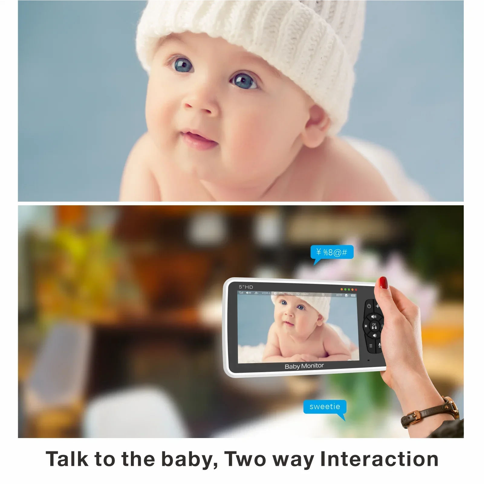 A baby wearing a white knit hat, shown in a close-up photo and on a handheld baby monitor screen. Text reads, "Talk to the baby, Two way Interaction."