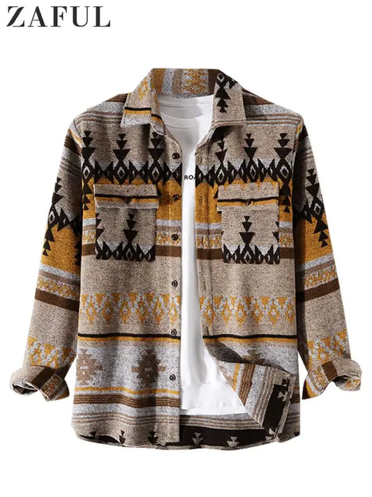 ZAFUL Men's Tribal Geometric Wool Shirt Coat