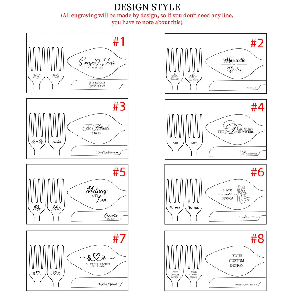 Wedding cake fork design options, eight styles shown with personalized engravings. Designs include names, dates, and short messages. Styles vary from cursive to block lettering.
