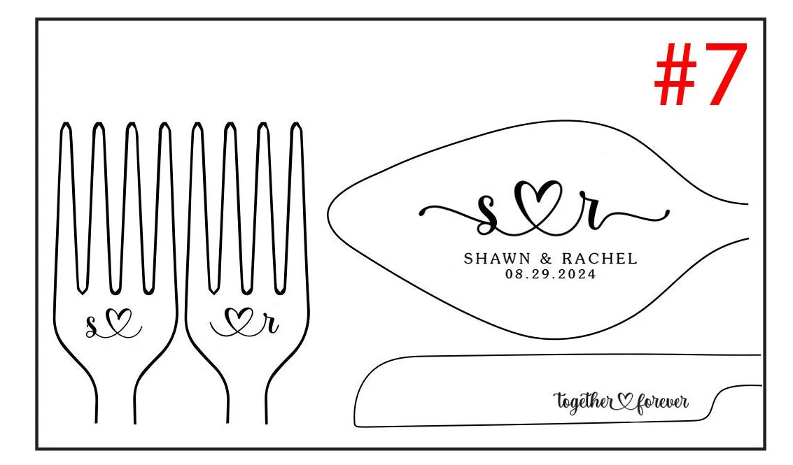 Illustration of personalized cutlery set with "S" and "R" initials on forks, "Shawn & Rachel, 08.29.2024" on server, and "Together forever" on knife. Number 7 in red at top right.