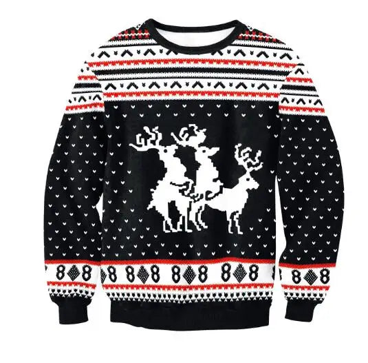 Black holiday sweater with white reindeer patterns and red accents. The design features three reindeer in a humorous pose, surrounded by decorative borders and geometric shapes.