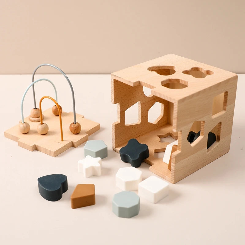 Wooden Activity Cube with Geometric Shapes