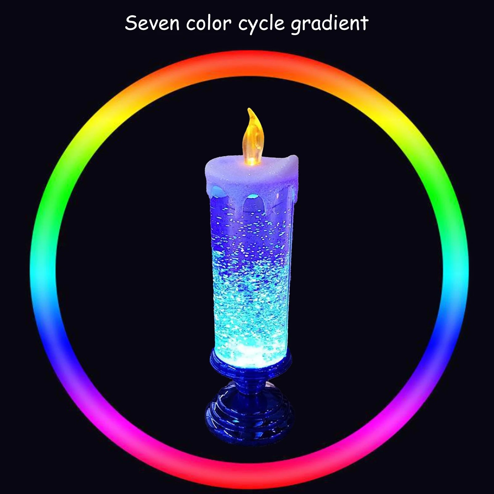 Glowing decorative candle with bubbling liquid, changing colors within a rainbow gradient circle. A small flame-like tip adds a realistic touch. Text reads "Seven color cycle gradient."