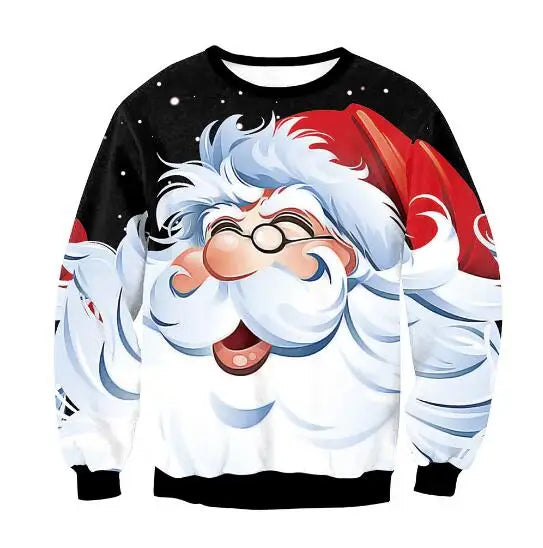 Cartoon Santa Claus with a large white beard and red hat laughing joyfully on a festive sweatshirt, set against a black background with falling snowflakes.
