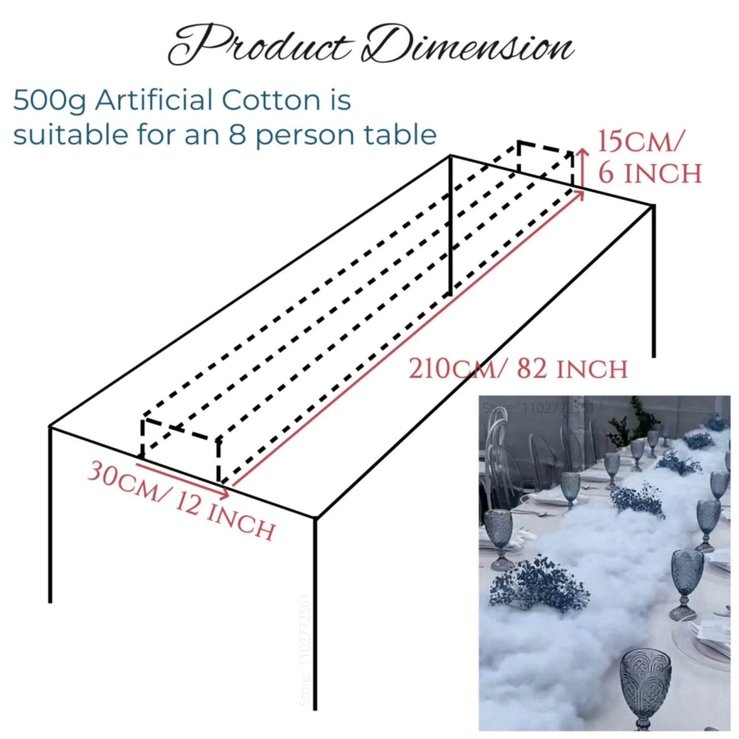 Diagram showing dimensions of artificial cotton for a table: 210cm/82in long, 30cm/12in wide, 15cm/6in high, suitable for 8-person tables. Inset displays elegant table setting.