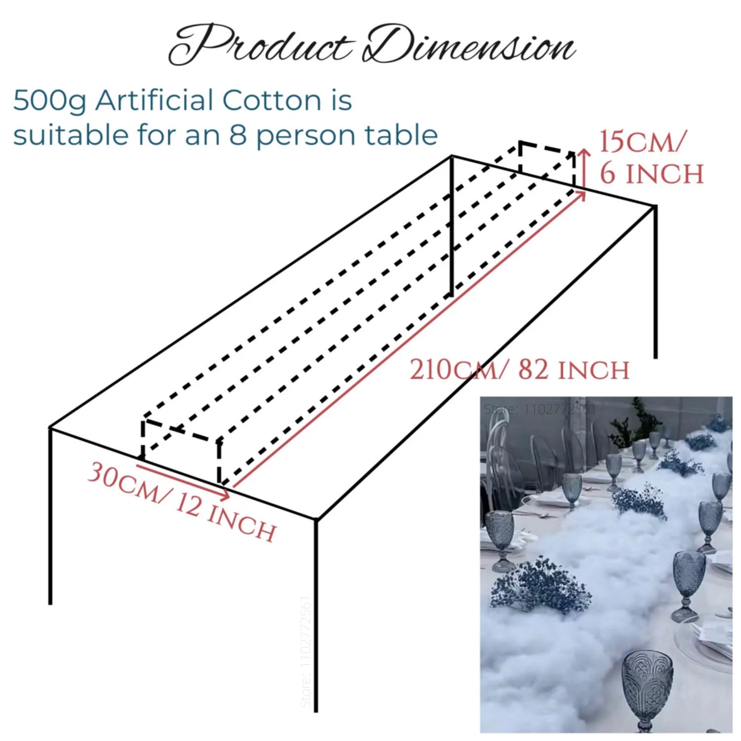 Diagram showing dimensions of artificial cotton for a table: 210cm/82in long, 30cm/12in wide, 15cm/6in high, suitable for 8-person tables. Inset displays elegant table setting.
