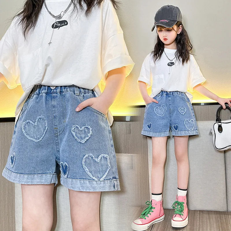 Girls Pearl Heart Denim Shorts