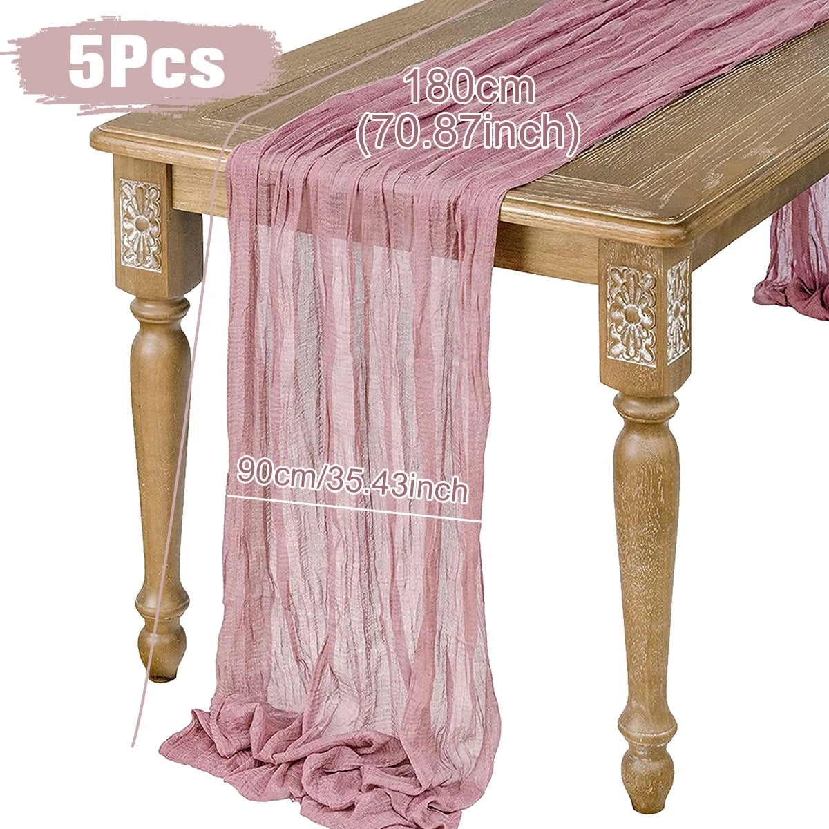 Five dusty rose table runners, each 180cm by 90cm, drape elegantly over a wooden table with ornate floral carvings on the legs.