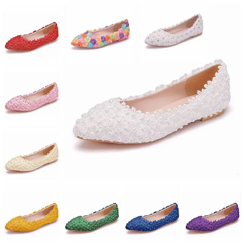 Colorful lace-covered women's flats in various shades, including red, floral, white, pink, cream, yellow, green, blue, and purple, arranged visually with a focus on the white shoe.