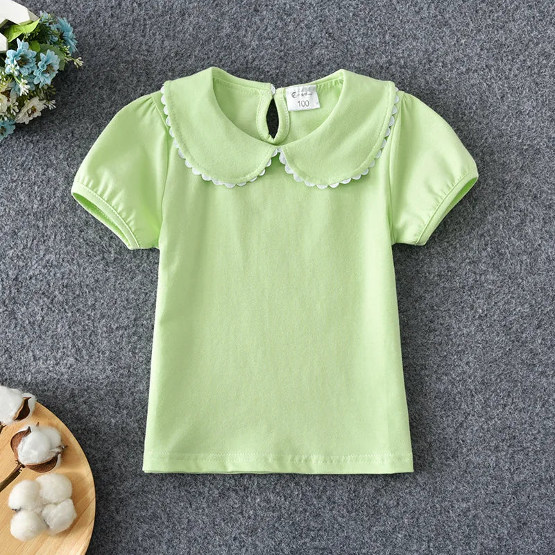 Summer Girls' Cotton T-shirt with Peter Pan Collar