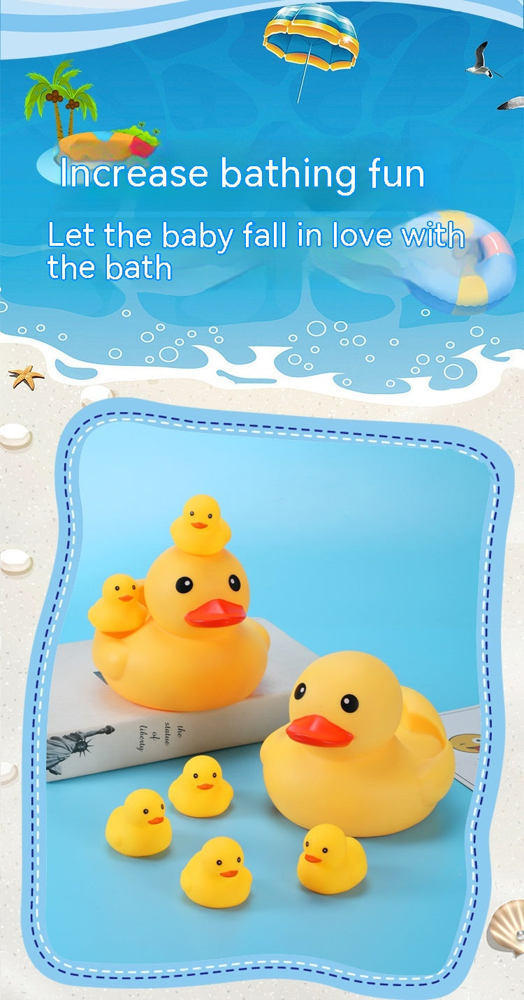Colorful ad showcasing a family of yellow rubber ducks on a blue background with playful beach-themed elements. Text reads, "Increase bathing fun. Let the baby fall in love with the bath."