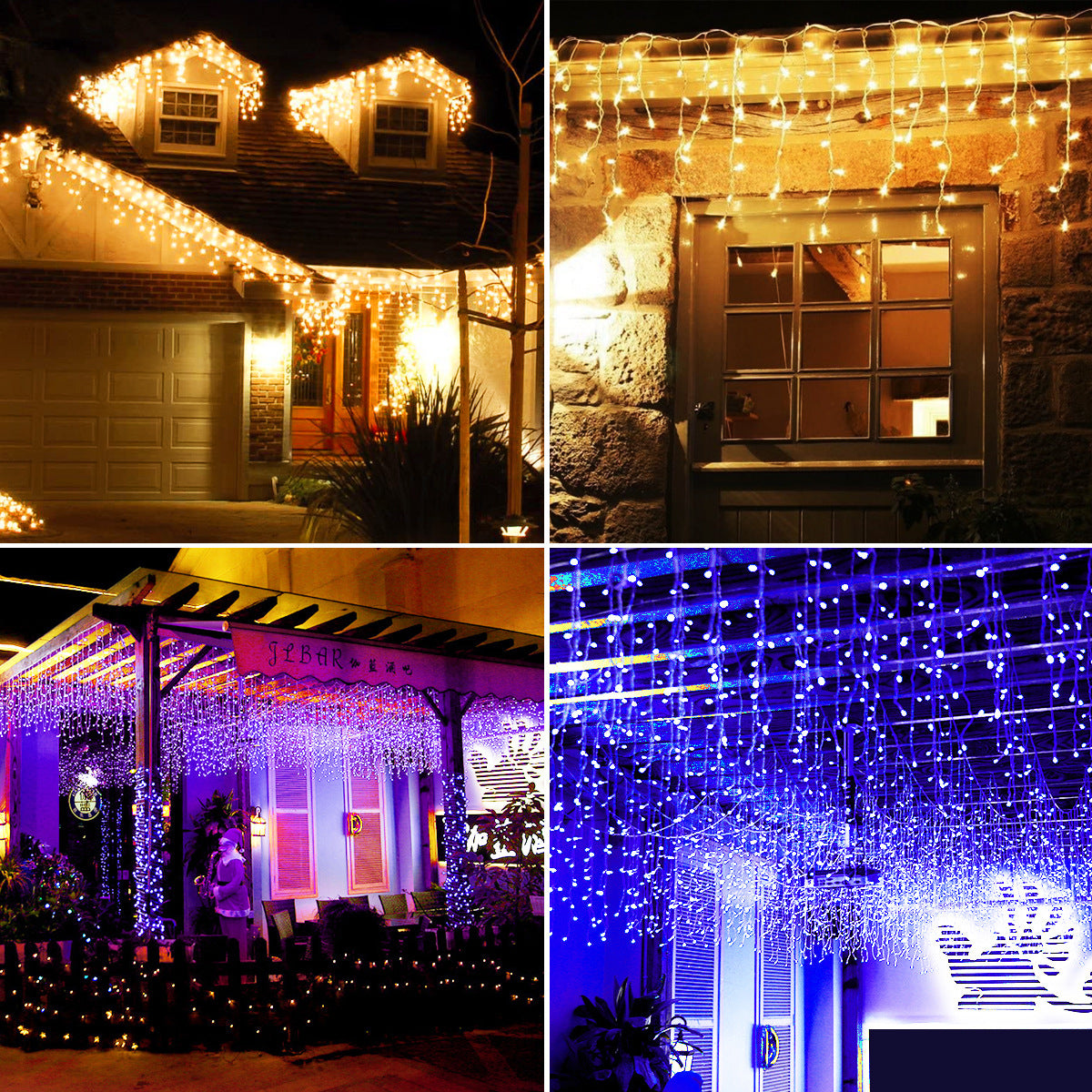 A collage of four images showing decorative house exteriors with hanging icicle lights. The lights vary between warm white and bright blue, creating a festive atmosphere.