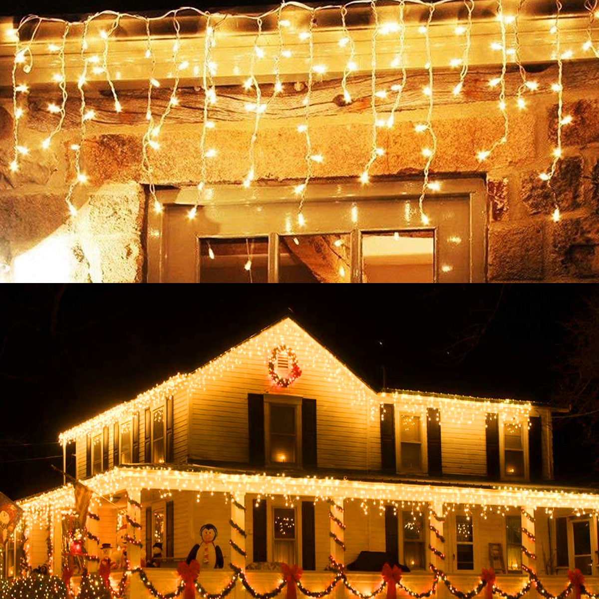 Top image: String lights hanging on a rustic wall. Bottom image: A house adorned with glowing string lights, a wreath, and festive decorations, including a penguin figure.