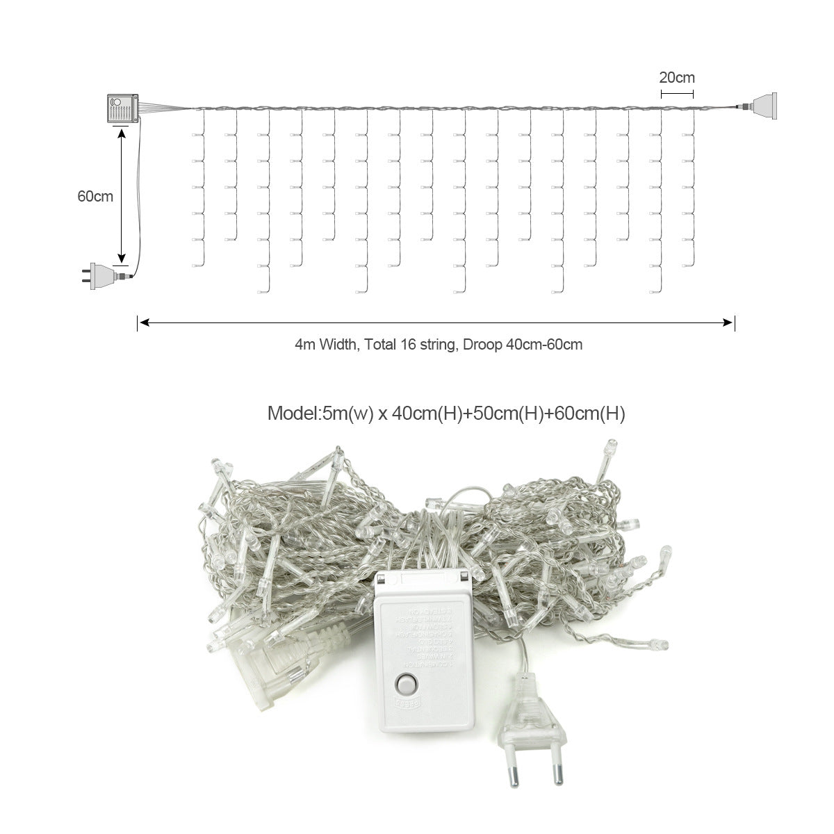 Diagram and bundle of curtain string lights with 4m width, 16 strings, droop heights of 40-60cm. Includes plug and control box. Model dimensions: 5m by 40cm, 50cm, 60cm.