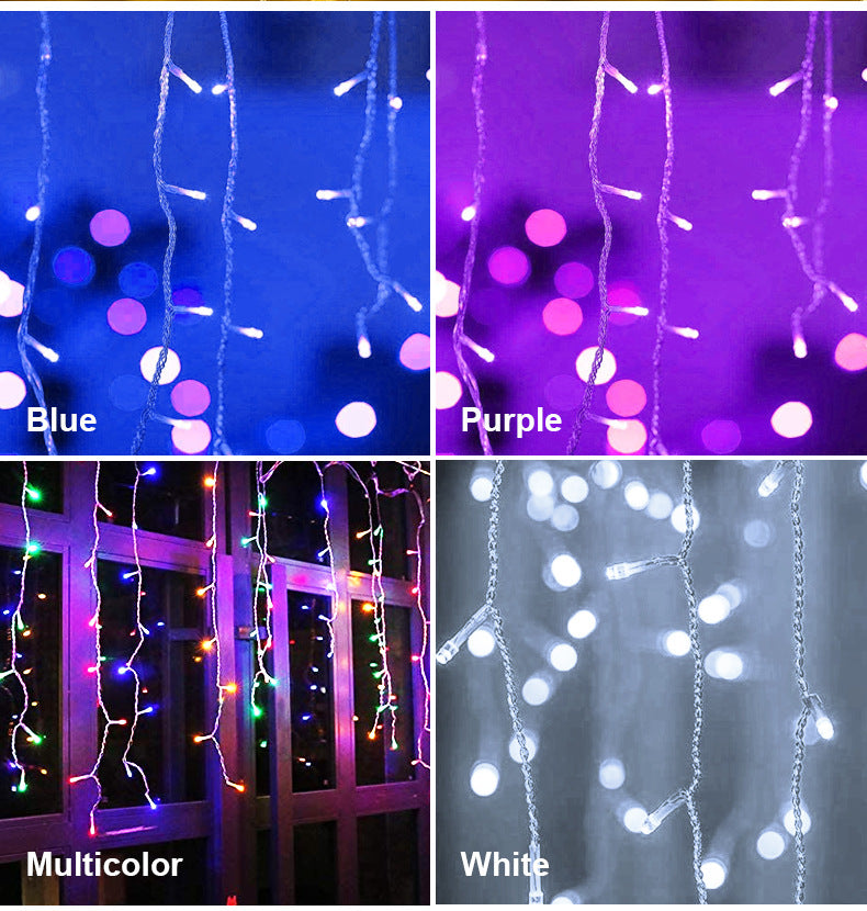 Four images of string lights: blue lights, purple lights, multicolor lights on a window, and white lights. Each light set displays a different ambient glow.