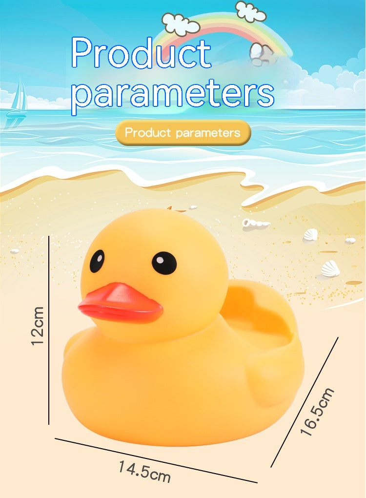 Rubber duck on a beach background with dimensions shown: 12cm height, 14.5cm length, and 10.5cm width. Text reads "Product parameters" with a rainbow and clouds above.